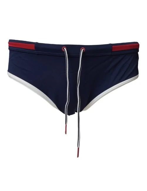 Costume a slip blu e riga rossa