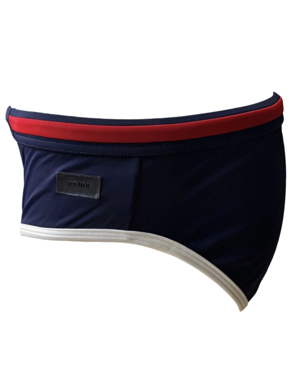 Costume a slip blu e riga rossa