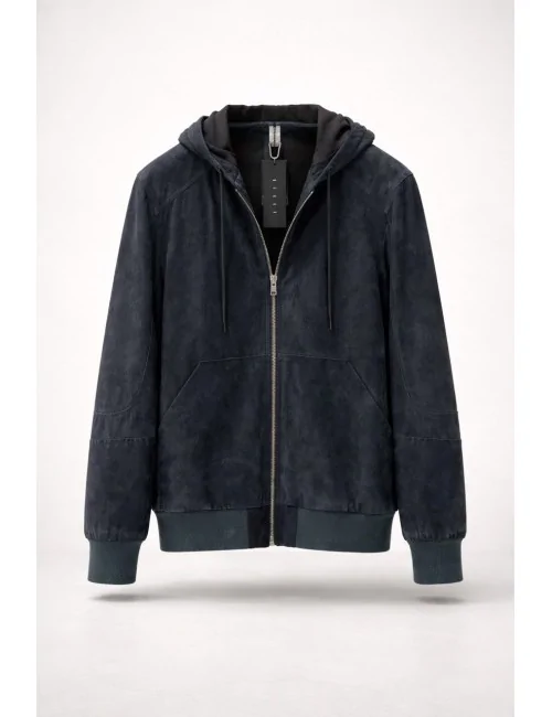 Bomber in camoscio con cappuccio