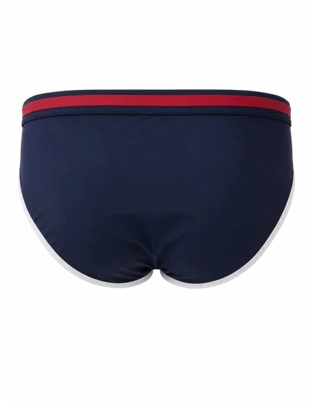 Costume a slip blu e riga rossa